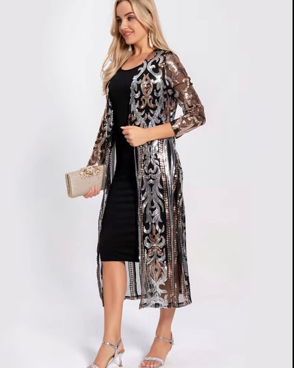 Sequin Kimono Black Mesh with Gold and Silver Sequin