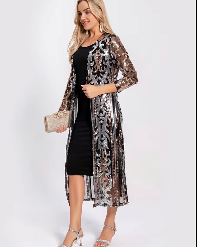 Sequin Kimono Black Mesh with Gold and Silver Sequin