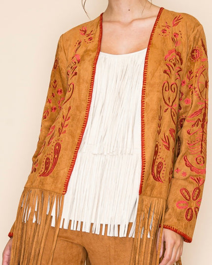 Voc Camel Crimson Embroided Cardigan with Fringe