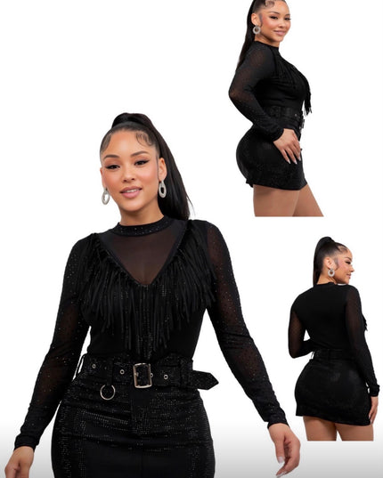 CG Crop Top Long Sleeve Fringe Black