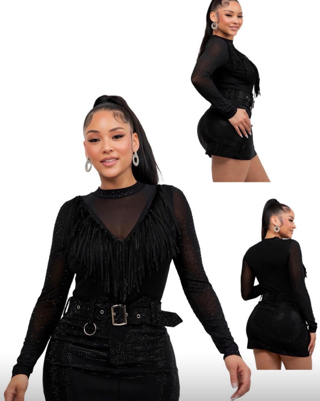 CG Crop Top Long Sleeve Fringe Black
