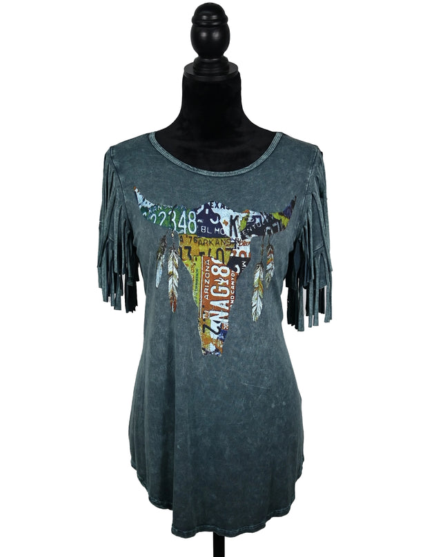 Stone Wash Teal Fringe Tee – License Plate Longhorn