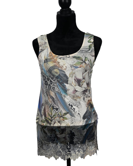 Blue Feather Lace Trim Tank