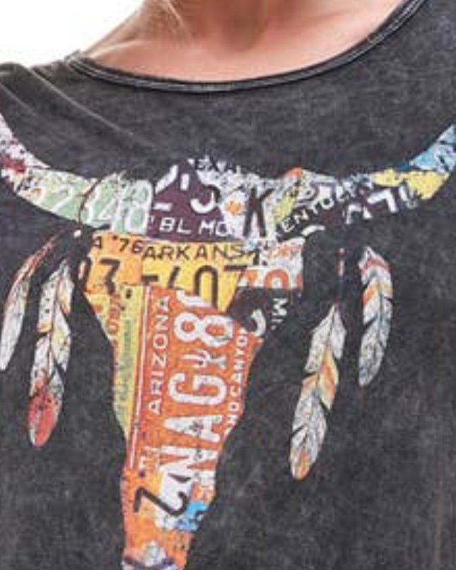 T-Party Stone Wash Charcoal Fringe Tee – License Plate Steer