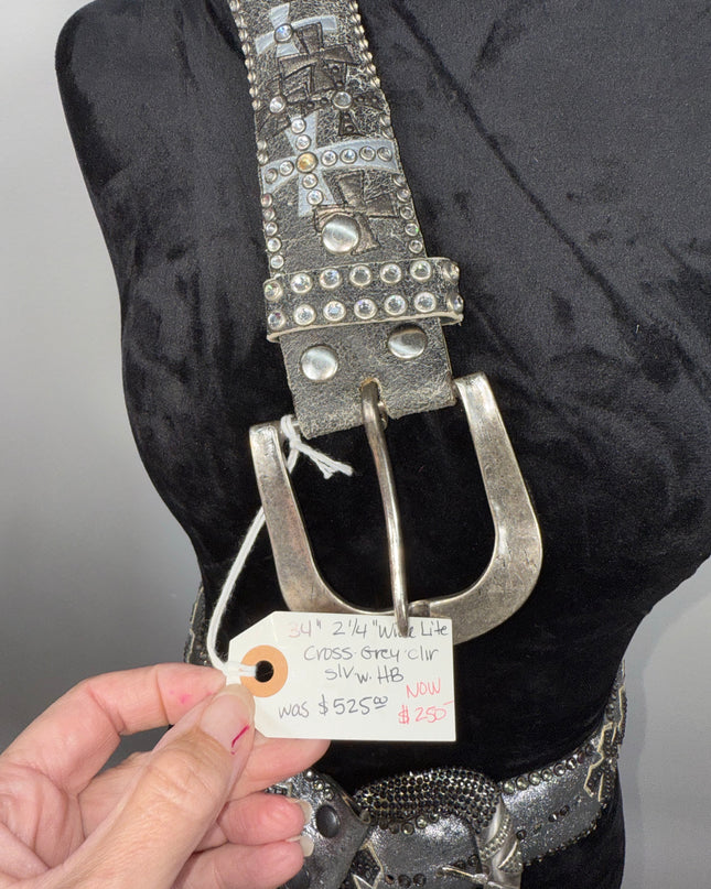 Kippy 3" wide belt on crackle grey leather size 34" K