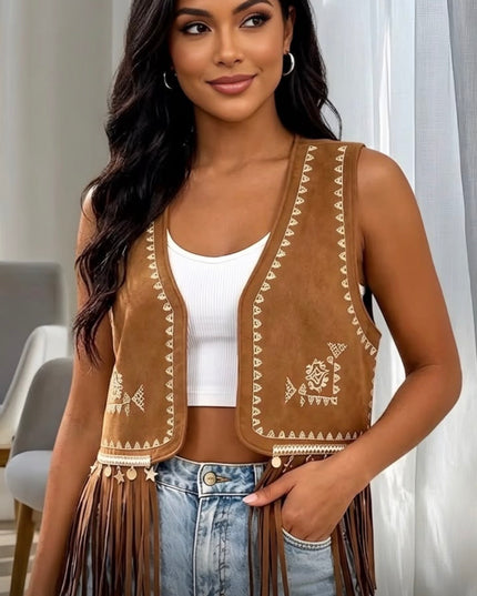 CG Vest Short Fringe with Embrodery Camel