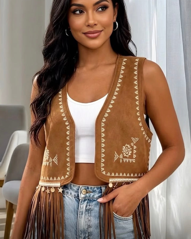CG Vest Short Fringe with Embrodery Camel