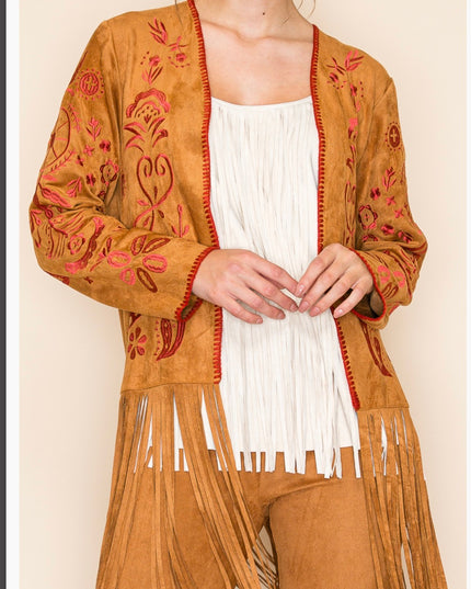 Voc Camel Crimson Embroided Cardigan with Fringe