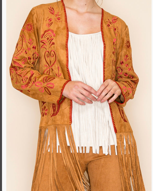 Voc Camel Crimson Embroided Cardigan with Fringe