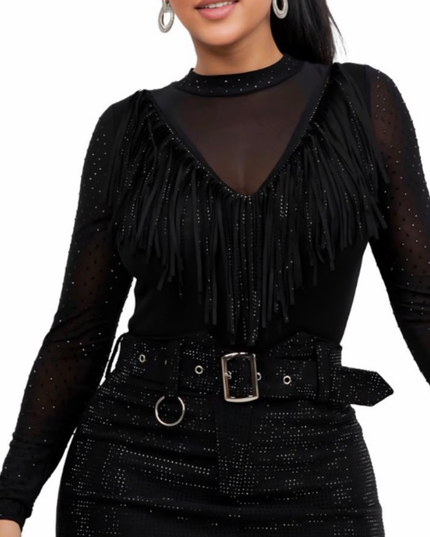 CG Crop Top Long Sleeve Fringe Black