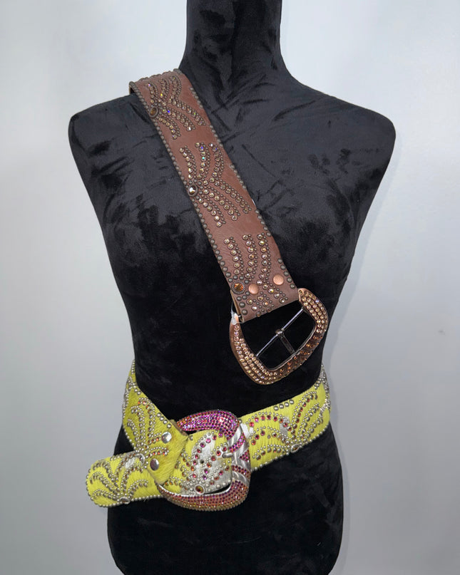 Decorative Kippy belt with brown strap and yellow decorative piece brown leather