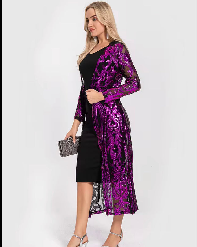Sequin Kimono Black Mesh with Purple Sequin