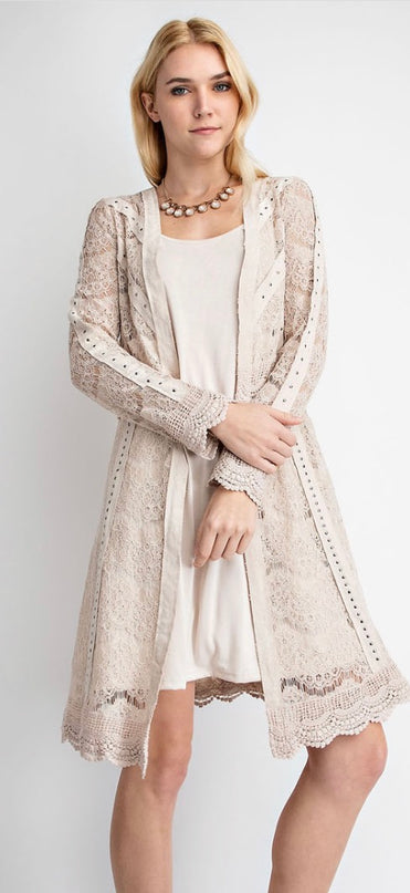 Voc Cream Lace Cardigan with Studs