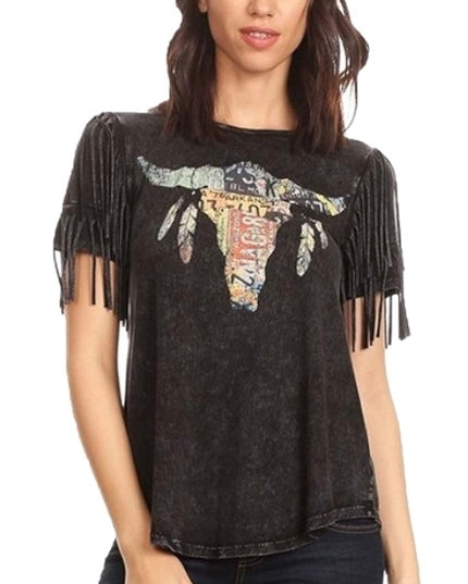 T-Party Stone Wash Blue Fringe Tee – License Plate Steer
