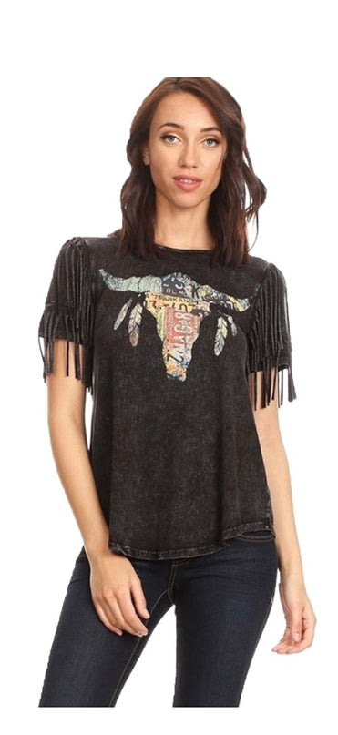 T-Party Stone Wash Brown Fringe Tee – License Plate Steer