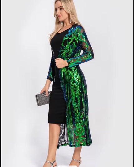 Sequin Kimono Black Mesh with Blue and Green Sequin