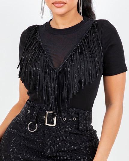 CG Crop Top Short Sleeve Fringe Black