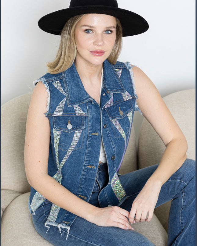 Voc Rhinestone Denim Vest with Metal Buttons