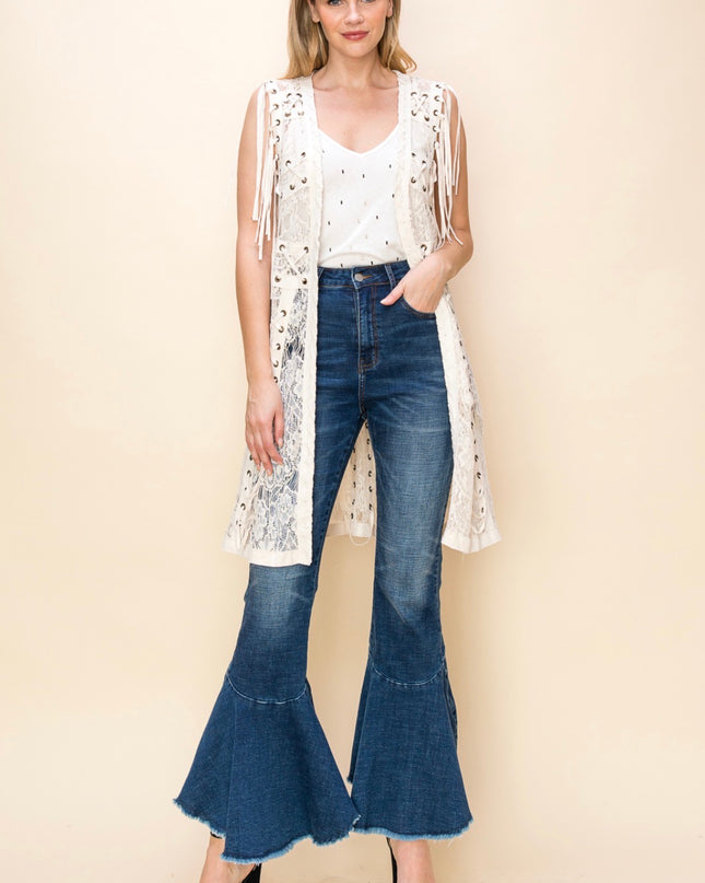 Voc Lace-up Long Creamstone Lace Vest