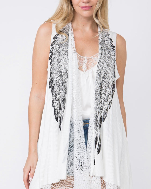 Voc Angel Wing White Lace Drape Vest