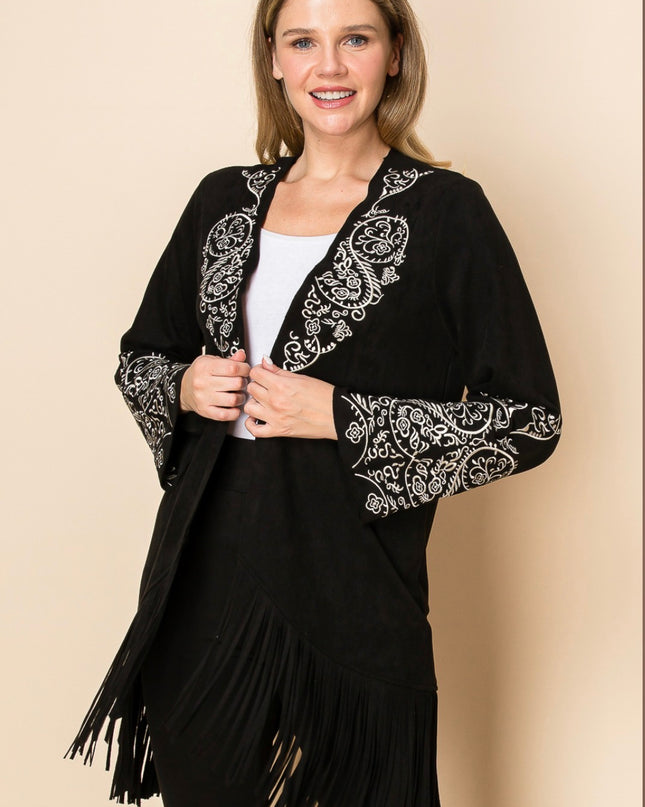Voc Black Cardigan Embroidered with Fringe