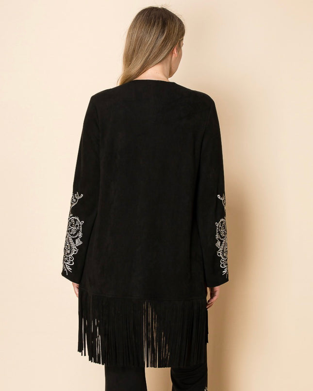 Voc Black Cardigan Embroidered with Fringe
