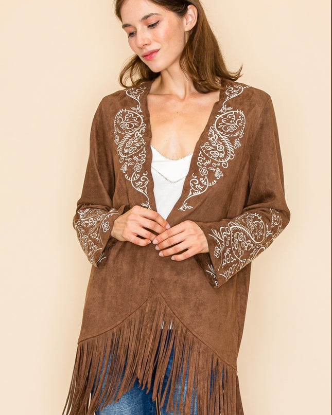 Voc Brown Cardigan Embroidered with Fringe