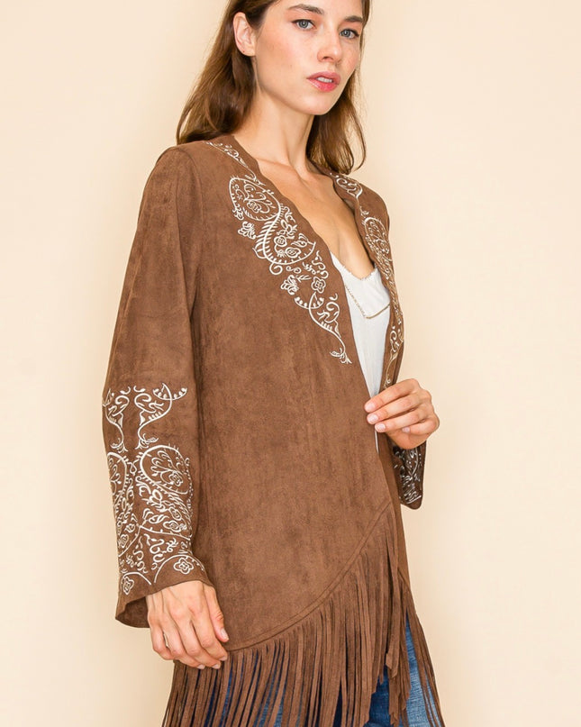 Voc Brown Cardigan Embroidered with Fringe