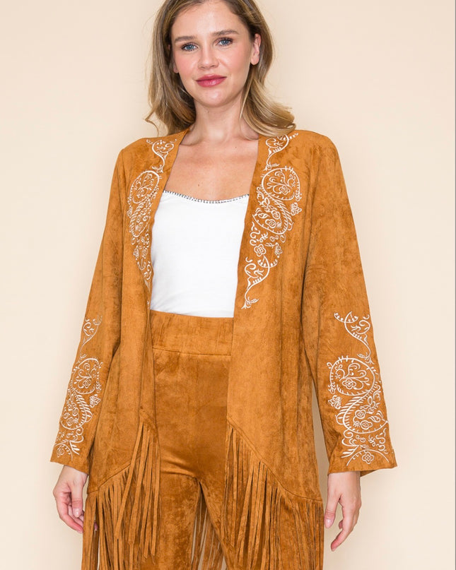 Voc Camel Cardigan Embroidered with Fringe