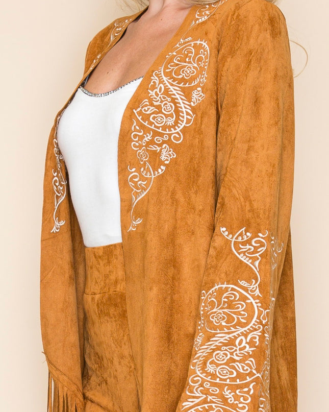 Voc Camel Cardigan Embroidered with Fringe