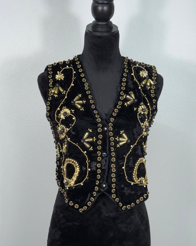 Sequin vests: Black Velvet gold trim