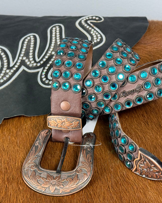 Kippy belt - City Lights design:  brown leather/blue zircon/ bronze  34 K