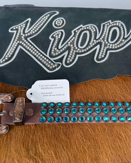 Kippy belt - City Lights design:  brown leather/blue zircon/ bronze  34 K