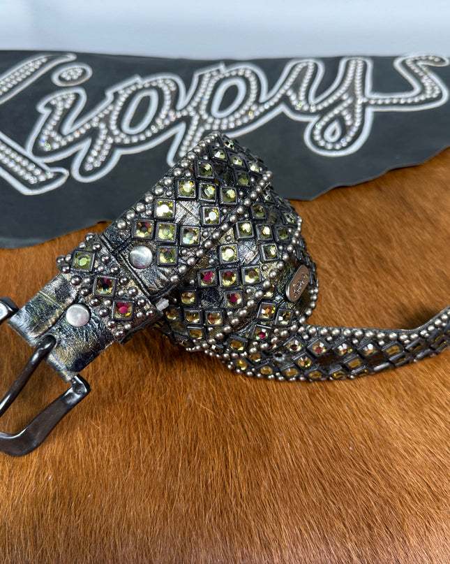 Kippy Belt- “X” Sq. Design: Camo croc/ khaki/slv-black. 34 K