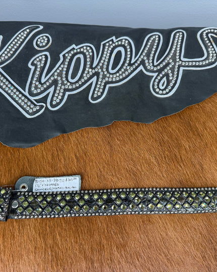 Kippy Belt- “X” Sq. Design: Camo croc/ khaki/slv-black. 34 K
