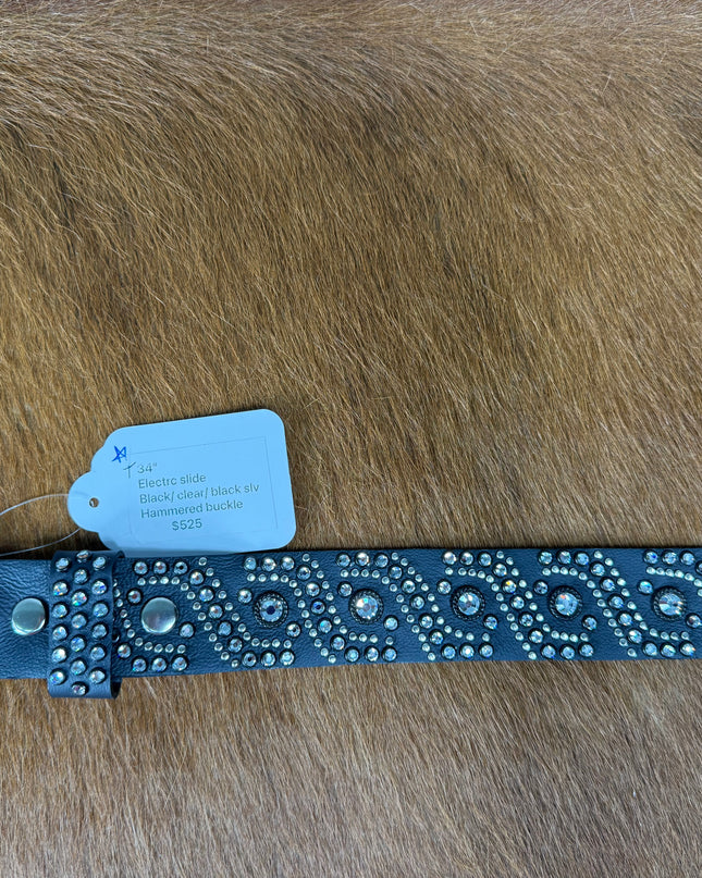Kippy like Belt- Electric Slide design: blk/clr/slv.     34 T