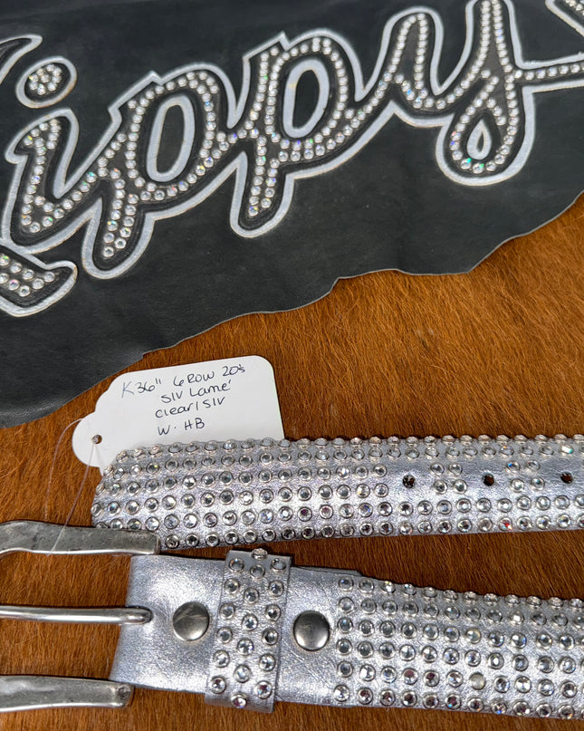 Kippy Belt- 6 Row design: slv lame/clr/slv.   36 K