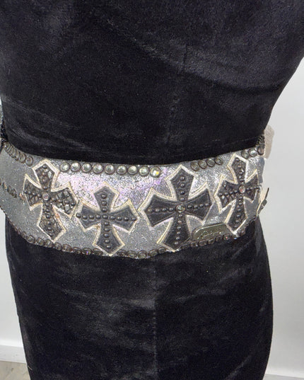 Vintage Kippy belt: Cross on Silver Lame' leather size 34 K