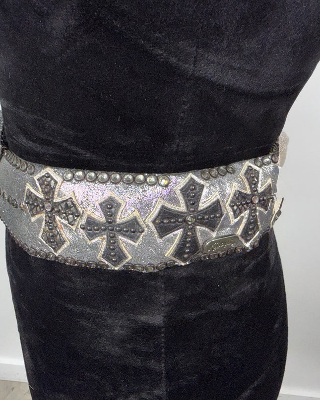 Vintage Kippy belt: Cross on Silver Lame' leather size 34 K