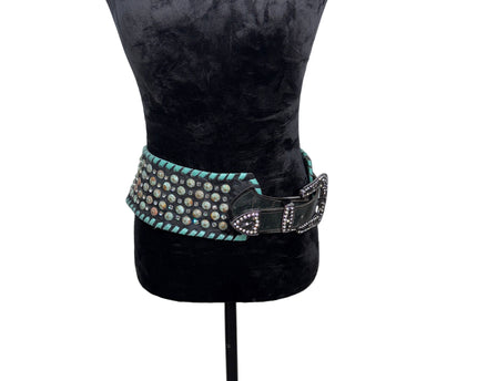 Black hair hide leather belt , Kurtman, petina, crystal buckle, whipstitch 