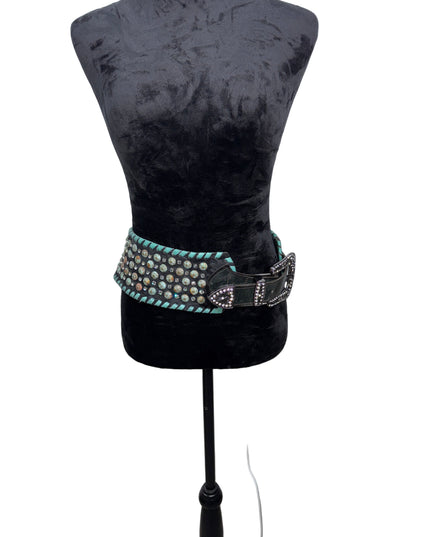 Black hair hide leather belt , Kurtman, petina, crystal buckle, whipstitch 