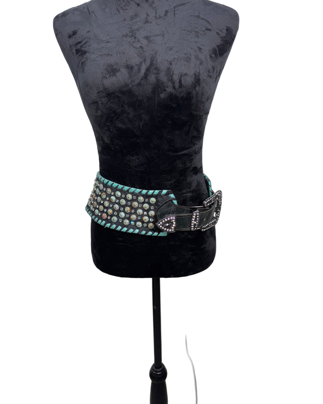 Black hair hide leather belt , Kurtman, petina, crystal buckle, whipstitch 