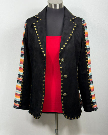 Black Serapi jacket with colorful striped sleeves with a  red tank top interior on a white background.