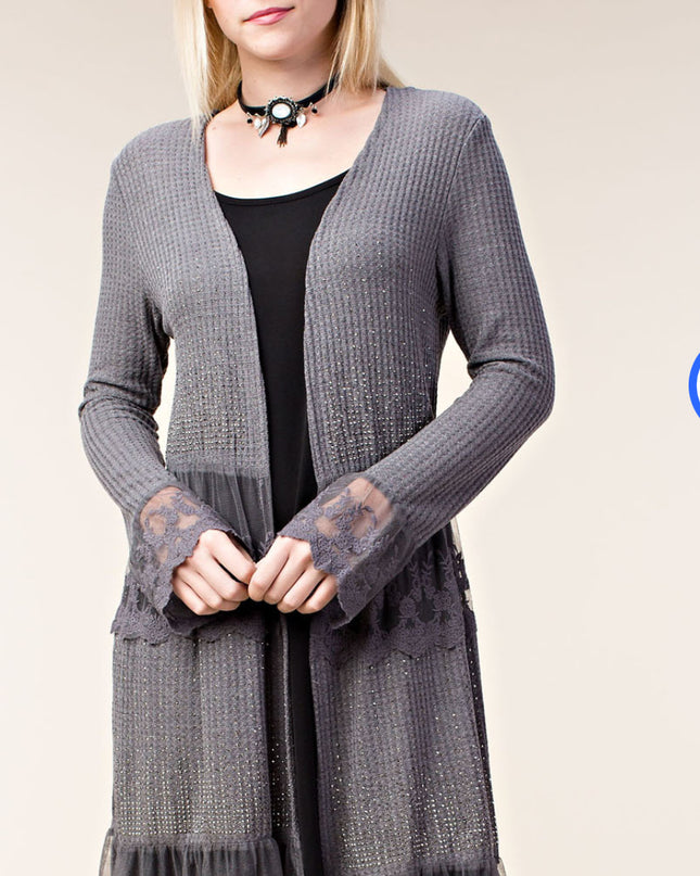 Voc Gray Lace Cardigan with Scattered Rhinestones