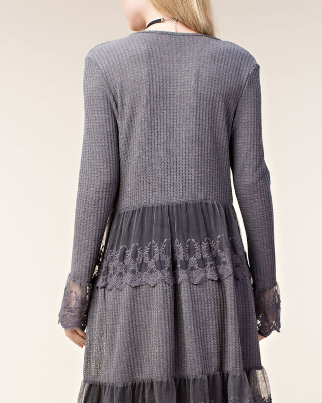 Voc Gray Lace Cardigan with Scattered Rhinestones