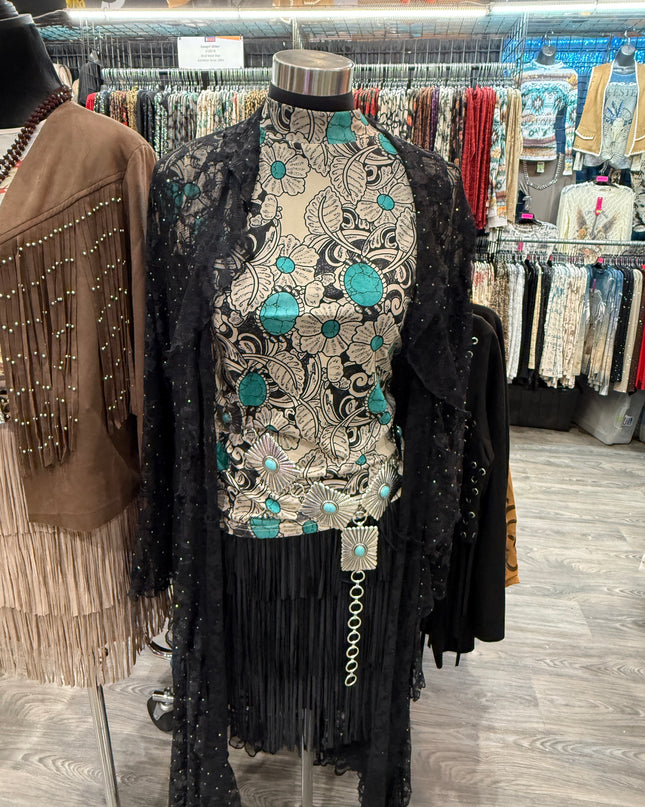 OG Lace Duster with Ruffled Detail and Hot Fix Crystals - Black