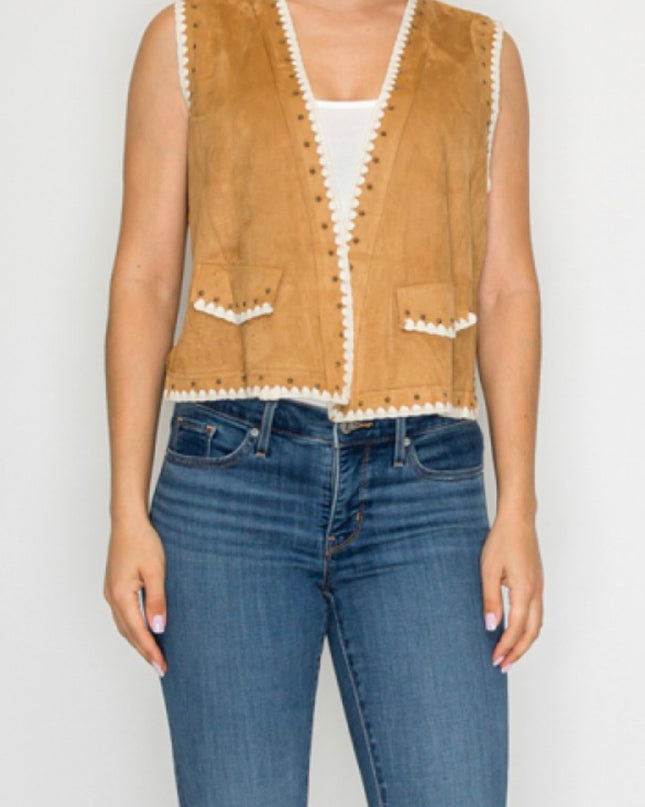 OG Vest Camel with Crochet Trim