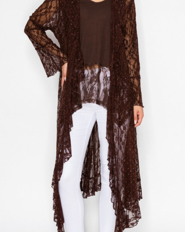 OG Lace Duster with Ruffled Detail and Hot Fix Crystals - Brown