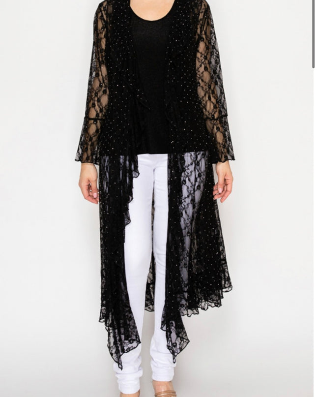 OG Lace Duster with Ruffled Detail and Hot Fix Crystals - Black