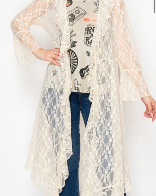 OG Lace Duster with Ruffled Detail and Hot Fix Crystals - Cream